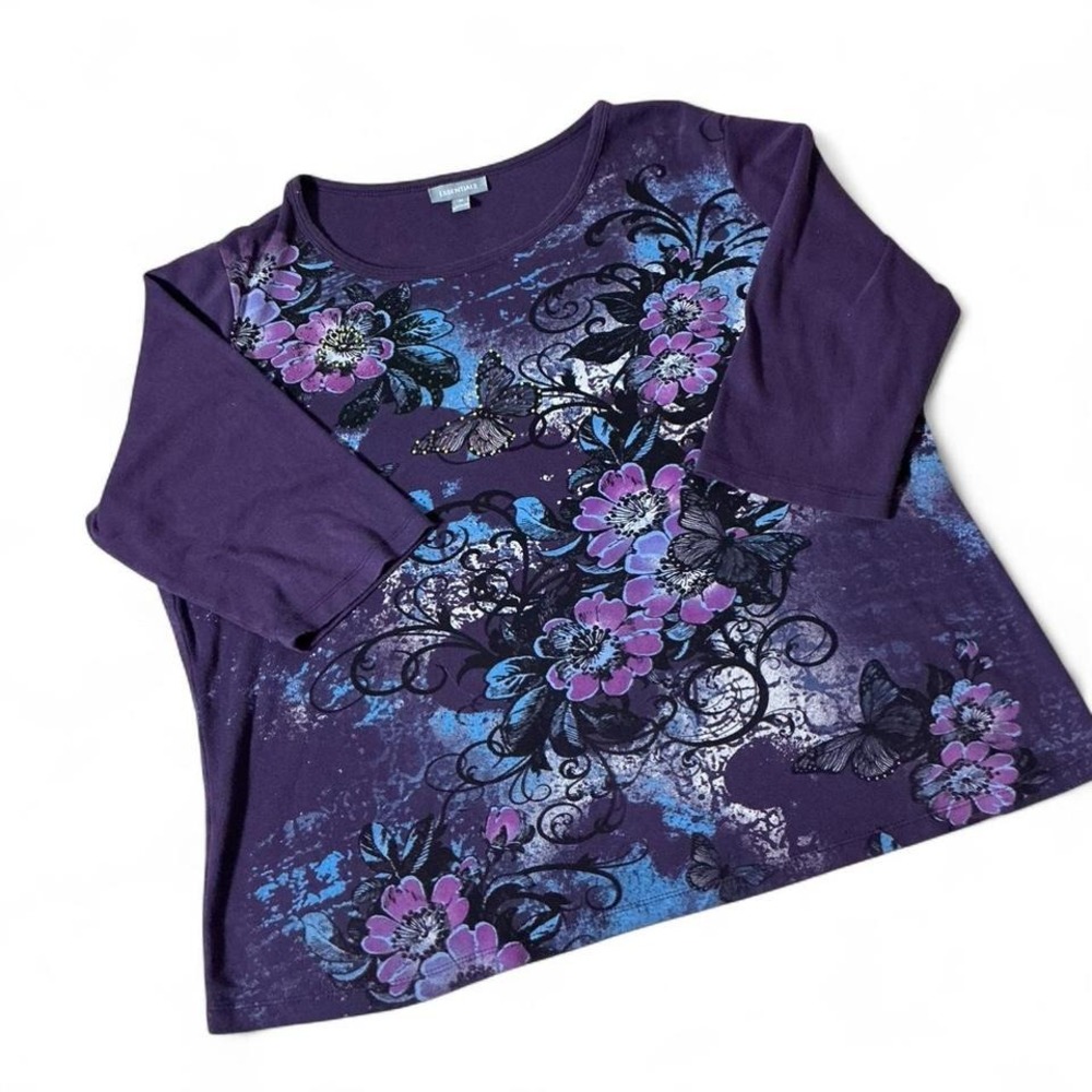 Essentials Womens 1X Purple Floral Butterfly‎ Graphic 3/4 Sleeve Cotton Top